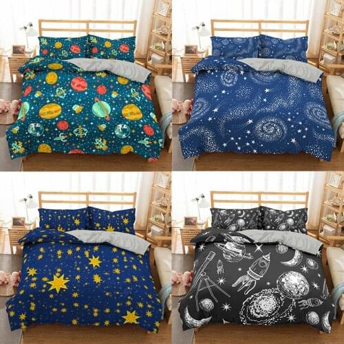 Cartoon Planet Print Bedding Set Cute Bedspread for Kids Queen King Size Bedclothes Stars Duvet Cover with Pillowcase 2/3pc