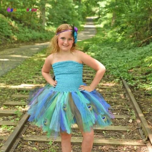 Ksummeree Turquoise Peacock Feather Girls Tutu Dress Halloween Purim Birthday Party Dress Children Pageant Ball Gown