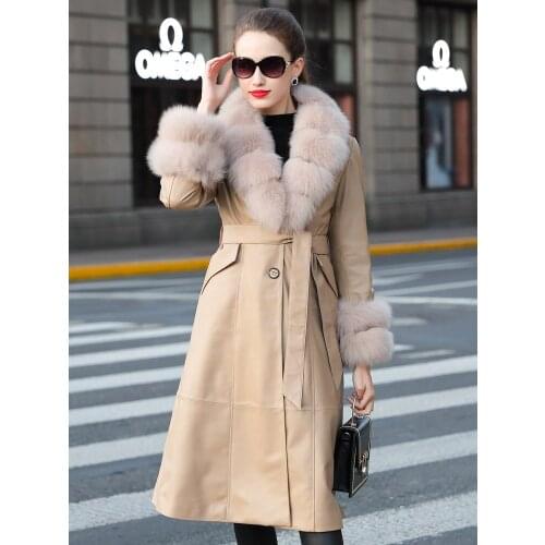 Long Genuine Leather Jacket Women Fox Fur Collar Womens Sheepskin Coat Korean Slim Down Jacket Female Winter Chaqueta Zjt593
