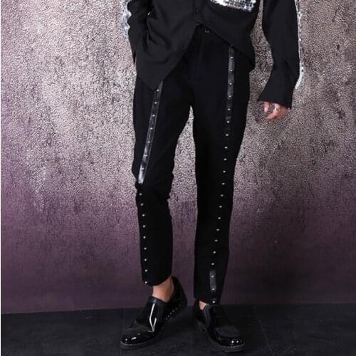 Mens pants stage personality Black rivets pant men feet trousers singer dance rock fashion street star style novelty b677