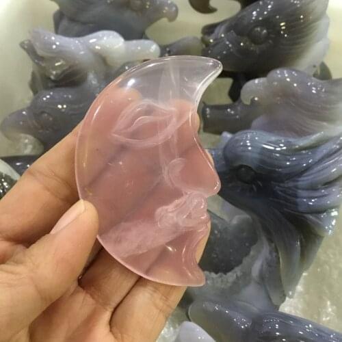 Natural Pink quartz crystal carving Moon face Rose quartz stone moon-shaped face for decoration