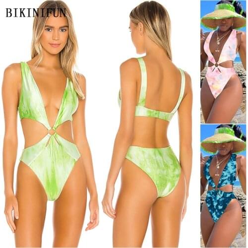 2021 New Sexy Tied Dye Print Monokini Women Metal Ring Swimwear Deep V One Piece Suit S-2XL Girl Swimsuit Backless Beachwear