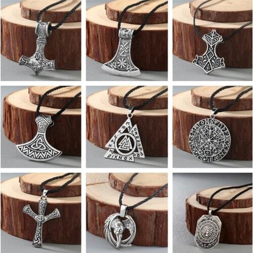 Cxwind Vintage Viking Thor Hammer Necklace Pendant Thors Hammer Pendants Compas Raven Knot Necklaces Jewelry for Women Men Gift