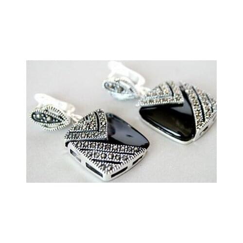 Sterling Silver 925 BLACK ONYX Marcasite Square Drop Earrings Silver natural gem/stone/coral/opal Earrings