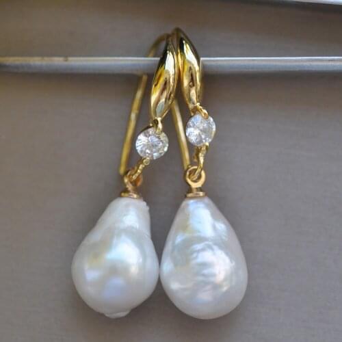 Z10650 14mm White Drop Edison Keshi Pearl Gold-plating Dangle Earring CZ