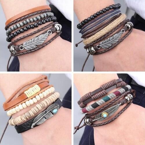 Charm Multilayer Leather Bracelet Bangles Men Leaf Braided Handmade Rope Vintage Wrap Bracelets Male Gift Drop Shipping