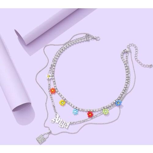 Minar Stylish Multi Layers Letter Full Shinning Rhinestone Lock Pendant Necklace for Women Ladies Metal Chain Necklace Jewelry