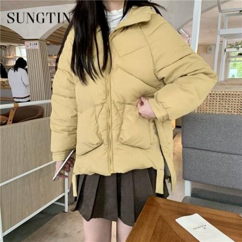 Sungtin Korean Oversize Hooded padded Parkas Women Winter Thick Loose Irregular Plaid Coat Female Pockets Lace Up Jacket 4 Color