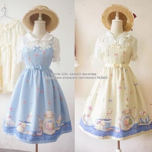 Super Cute Girls Tea Party Cup Rabbit Bunny Bows Printing JSK Lolita Dress Sleeveless Lace Trim One Piece 5 Colors