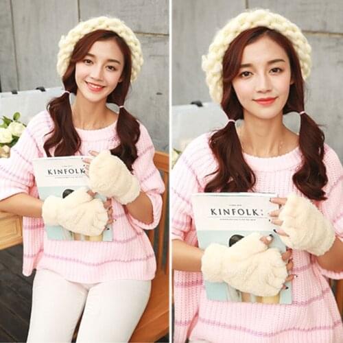 2021 New Winter Women Cute Paw Claw Plush Mittens Short Fingerless Finger Half Gloves