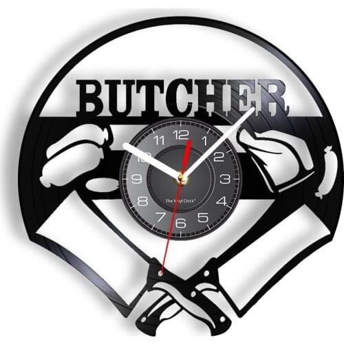 Butcher Inspired Vinyl Wall Clock Kitchen Knife Chicken Sausage Engraved Vintage Wall Watch Meatmens Gift Pork Stall Decor