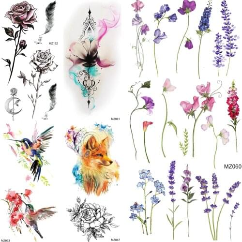 Watercolor Lavender Temporary Tattoos Sticker Fake Fox Dreamcatcher Hummingbird Tattoos For Women Men Body Art Waterproof Tatoo