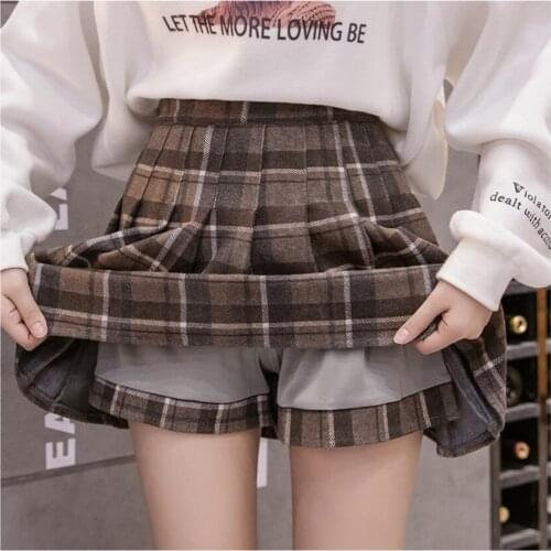 Gowyimmes 2021 Autumn Fashion Women High Waist Plaid Shorts Woolen Pleated Skirt Girl School Skirt kawaii Harajuku Mini JK P1030