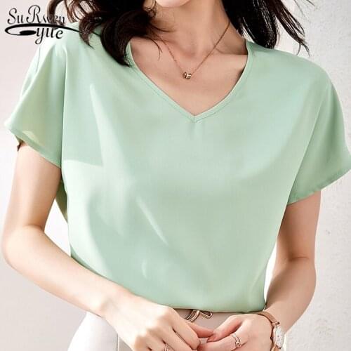 2021 Summer Solid V-neck Base Shirt Women Short Sleeve Loose Satin Womans Blouses Silk Wild Chiffon Blouse Blusas Mujer 9611
