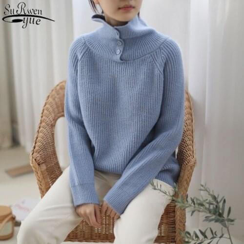 Korean New Simple Casual All-match Solid Color Womens Turtleneck Autumn and Winter Breasted Knitted Sweater Wool Pullover 11745