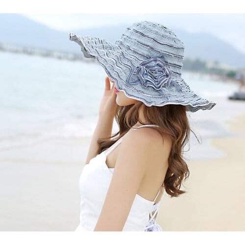 Fashion Women Hat Flower Packable Large Wide Brim Hat Anti-UV Adjustable Ladies Beach Sun Hat