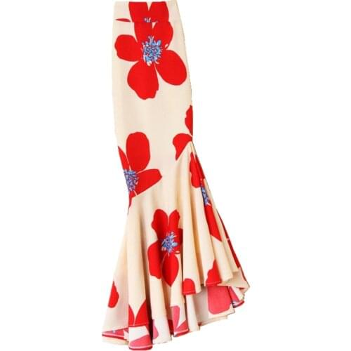 2021 spring summer vintage chiffon printed trumpet skirt women high waist package hip mermaid skirt plus size