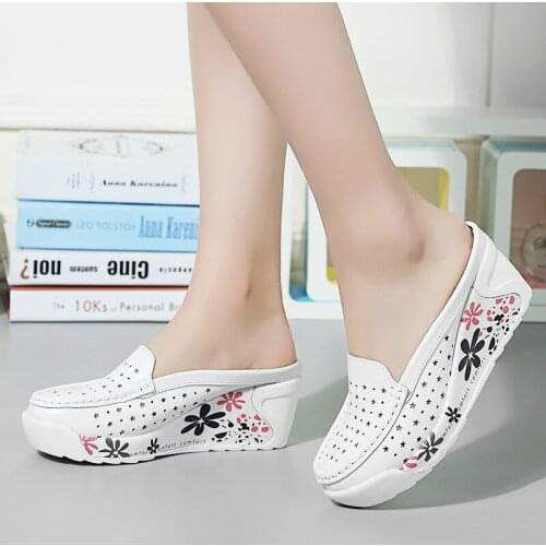 QWEDF Real Leather Womens Shoes 2019 Summer Sandals Female Casual Slope heel Slippers Slides Hollow Baotou Womens shoes SE-57