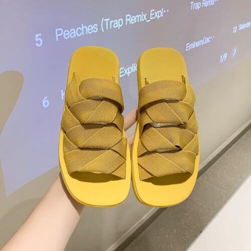 Summer Stretch Cloth Flat Bottom Womens Slippers 2021 New Thick Bottom Sandals High Quality Fashion Casual Designer Same Style