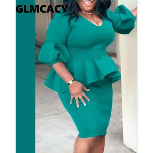 Women Office Work Peplum Dress Autumn V-Neck Long Sleeve Bodycon Pencil Dress Party Dress Evening Vestidos