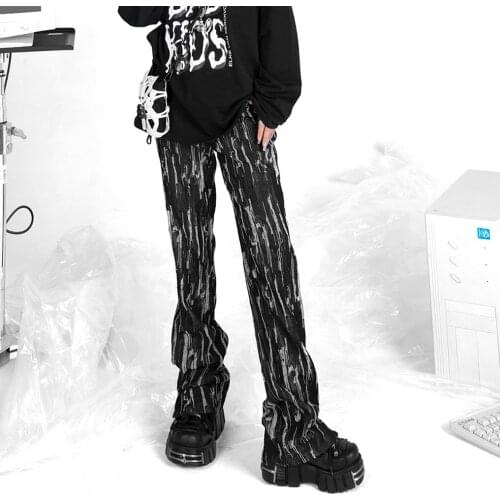 2021 Summer Female Vintage Streetwear Pants Nostalgic Modis Neutral Punk Scratched Fabric Ripped Hole Jeans Slim Straight Pants