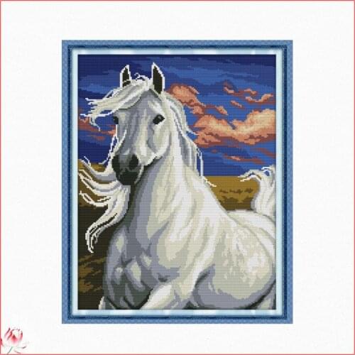 White Horse Printed Cross Stitch Patterns Kits Canvas Embroidery Needlework Sets 11CT 14CT DIY Handmade Gift Home Decoration