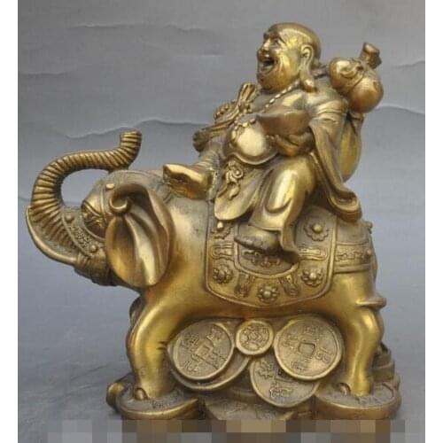 Free shipping S00605 china buddhism bronze wealth Elephant coin gold bag happy laugh Maitreya Buddha