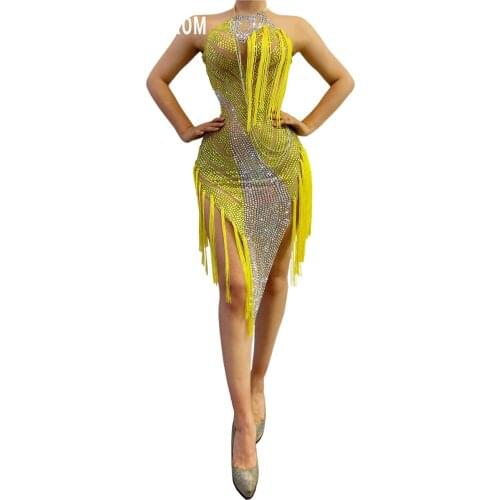 Sparkly Silver Rhinestone Mirror Elastic fabric Long Dress Women Birthday Stage play Celebrate Dress Dancer Party Show Dress