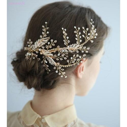 Delicate Handmade Bridal Hair Clip Jewelry Gold Leaf Headpiece For Women Prom Pearls Wedding Hair Ornament