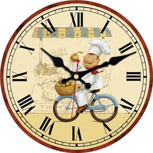 Rustic Wooden Kitchen Wall Clock Happy Chef on Bicycle Quartz Clocks for Dinning Room, Diameter 12" 3 Pattens