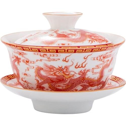 Porcelain auspicious Tea Tureen Hand Painted Dragon Gaiwan Tea Bowl Gai Wan tea set for milk oolong tea Bone china Cover bowl