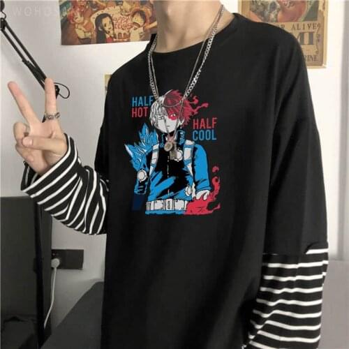 Harajuku Anime My Hero Academia Todoroki Shoto T Shirts Funny HALF HOT Cartoon Tops Summer Oversized Long Sleeve Mens T-Shirt