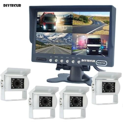 DIYSECUR 7" 4 Split QUAD Rear View Car Monitor + CCD IR Night Vision Backup Rear View LED Car Camera Waterproof for Truck Bus