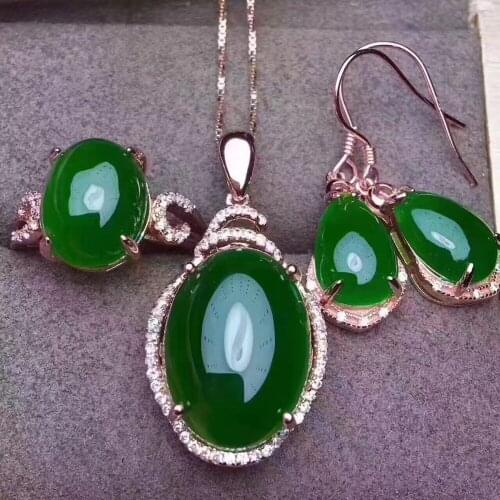 Natural and Hotan Jade Ring Pendant Earrings Three-piece Set 925 Silver Inlaid Rose Gold Platinum Send Chain