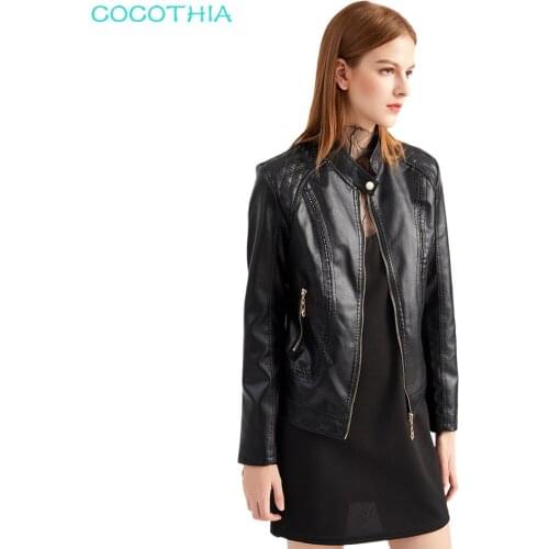 COCOTHIA Autumn Winter PU Leather Stand Collar Jacket Solid Color Faux Moto Biker OL Temperament Plus Size Zipper Coat Female