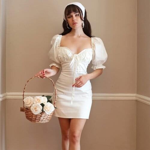 Summer Fashion Color Tight Sexy Womens Mini Dress Party Club French Puffy Sleeve Bow-knot Wrap Buttocks Short Skirt -40