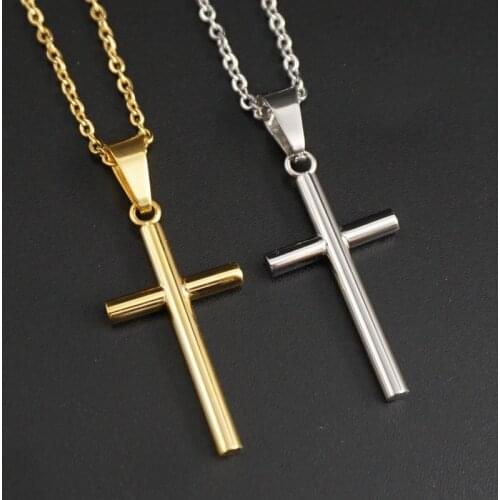 New Stainless Steel Cross Necklace Men Pendant For Women Gold Color Crystal Link Chain Prayer Necklace Christian Jewelry Gift