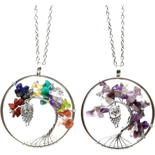 Natural Healing Amulet Crystals Pendant Necklace Tree Of Life Owl Gemstone Hanging Decoration For Home Parents