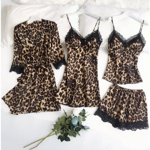 Sexy Leopard Kimono Gown 4PCS Pajamas Set For Women Robe Suit Satin Nightwear Lace Sleepwear Pyjamas Casual Intimate Lingerie