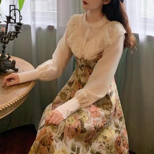 Luck A Vintage Palace Style Autumn Winter New 2021 Ruffles Collar Long Sleeve Print Midi Dress Elegant Dress