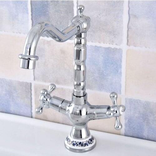 Polished Chrome Brass Bathroom Kitchen Basin Sink Faucet Mixer Tap Swivel Spout Dual Cross Handles Ceramic Base One Hole msf667