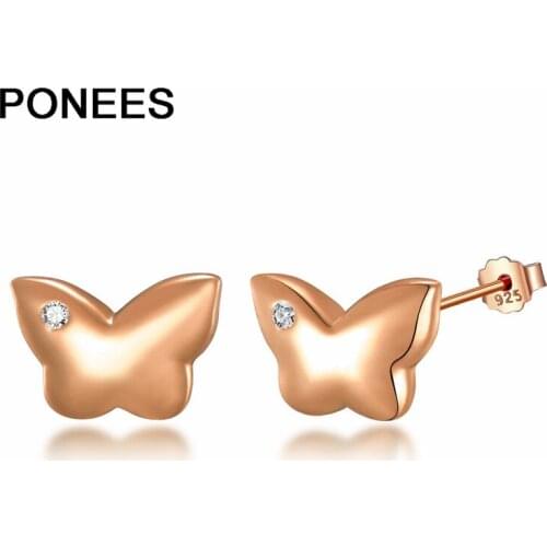 Ponees Simple Small 925 Sterling Silver Butterfly Stud Earrings Zircon Women Fashion Genuine