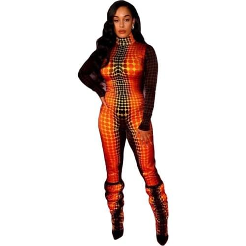 Sexy Print Bodycon Jumpsuit Women Spring Long Sleeve Club Rompers Womens Jumpsuit Skinny One Piece Overalls for Women Sportswear
