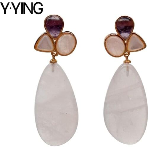 Y·YING Natural Pink Rose Quartzs Amethysts White Shell Dangle Stud Earrings romantic style for women