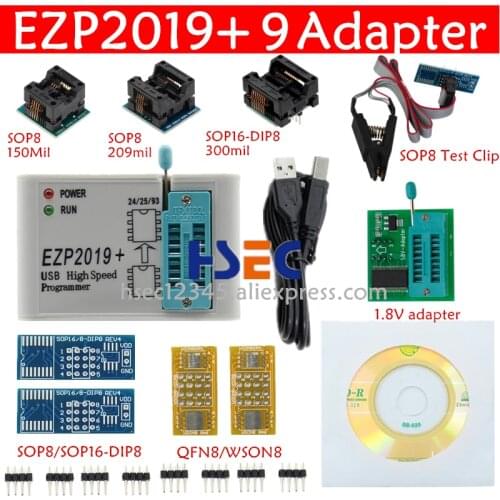 XRiicha EZP2019 High Speed USB SPI Programmer+ 9 adapter SOP8 test clip sop8/16 1.8V adapter socket flash bois 24 25 EEPROM