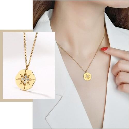 Trendy Bling CZ Stone Stars Coin Pendant Necklaces for Women with K 18 Tag O Chain Birthday Party Gifts Jewelry