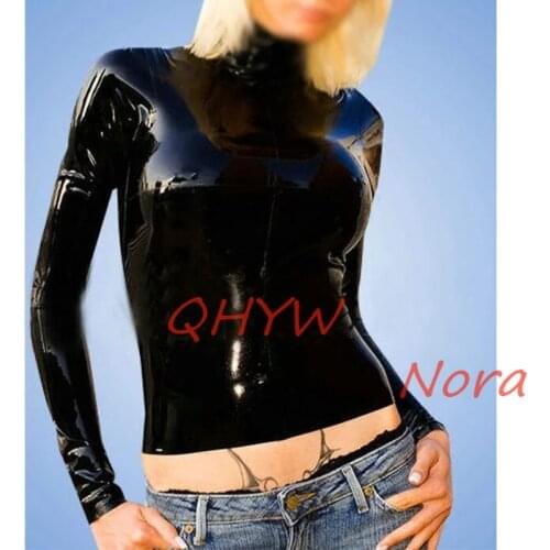 Handmade Women Black Latex Short Sleeve T-shirt Fashion Rubber Tops