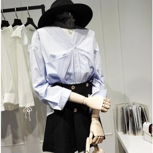 Womens Spring Autumn Runway Fashion Long Sleeve Blue Basic Shirt Female V Neck High Waist Casual OL Blouse Tees Tops TB1643