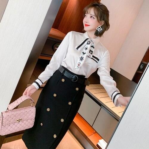 Lapel print bow ribbon single breasted shirt womens wear 2021 Spring new High Quality Top Quality