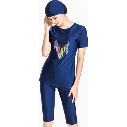 Woman Beach Clothing Swimming Suit Muslim Navy Blue Swimwear Printing Modest Swimsuit Three Piece Cap 4XL Plus Size